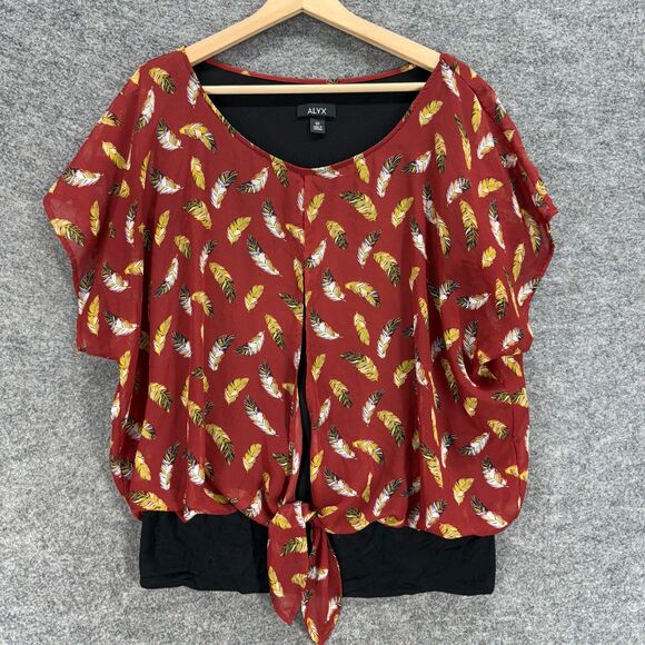 Alyx Blouse Women 0X Plus Red Feather Print Short Sleeve Round Neck Casual - Picture 1 of 7